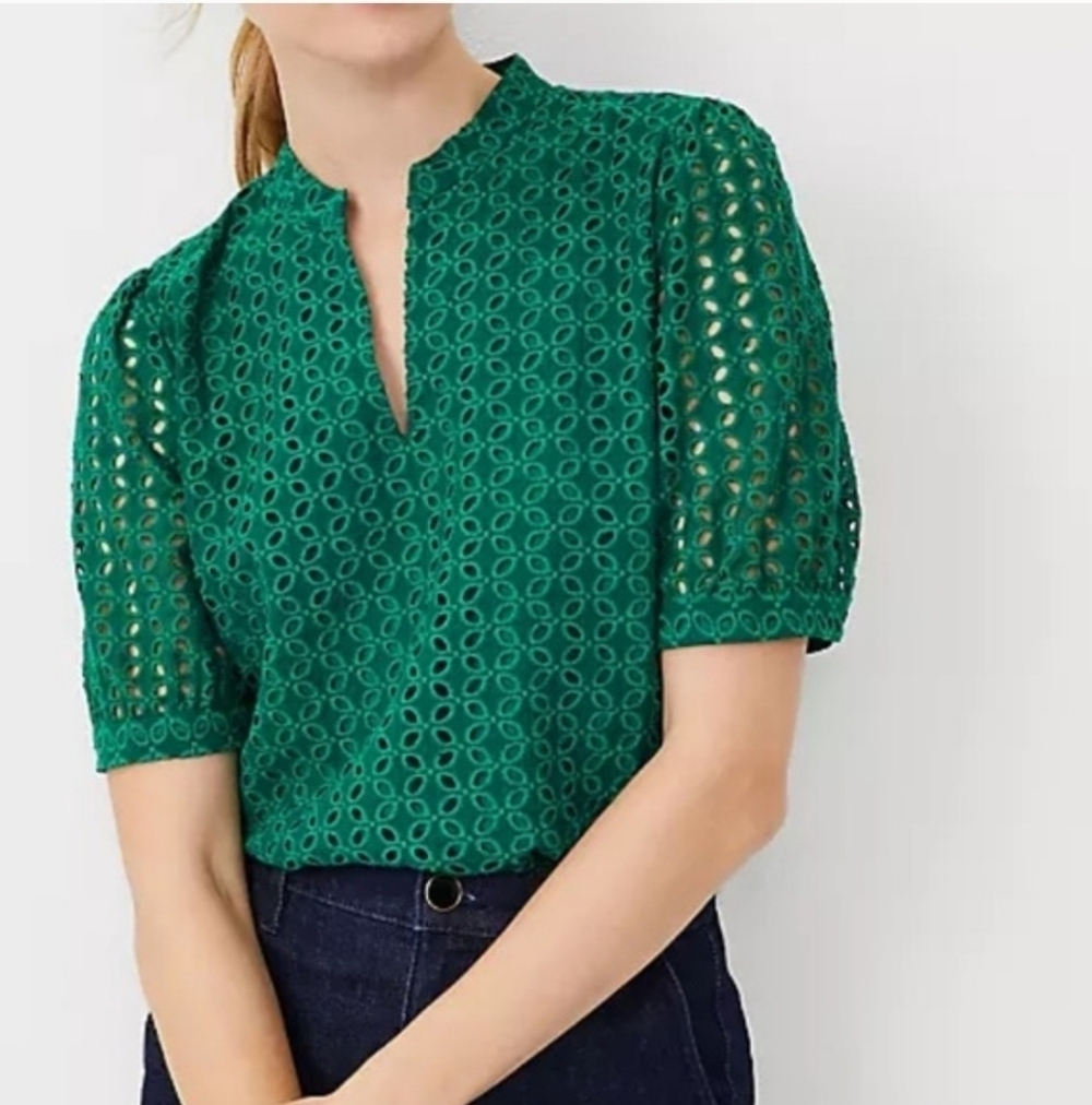 NWT ANN TAYLOR GREEN EMBROIDERED TOP